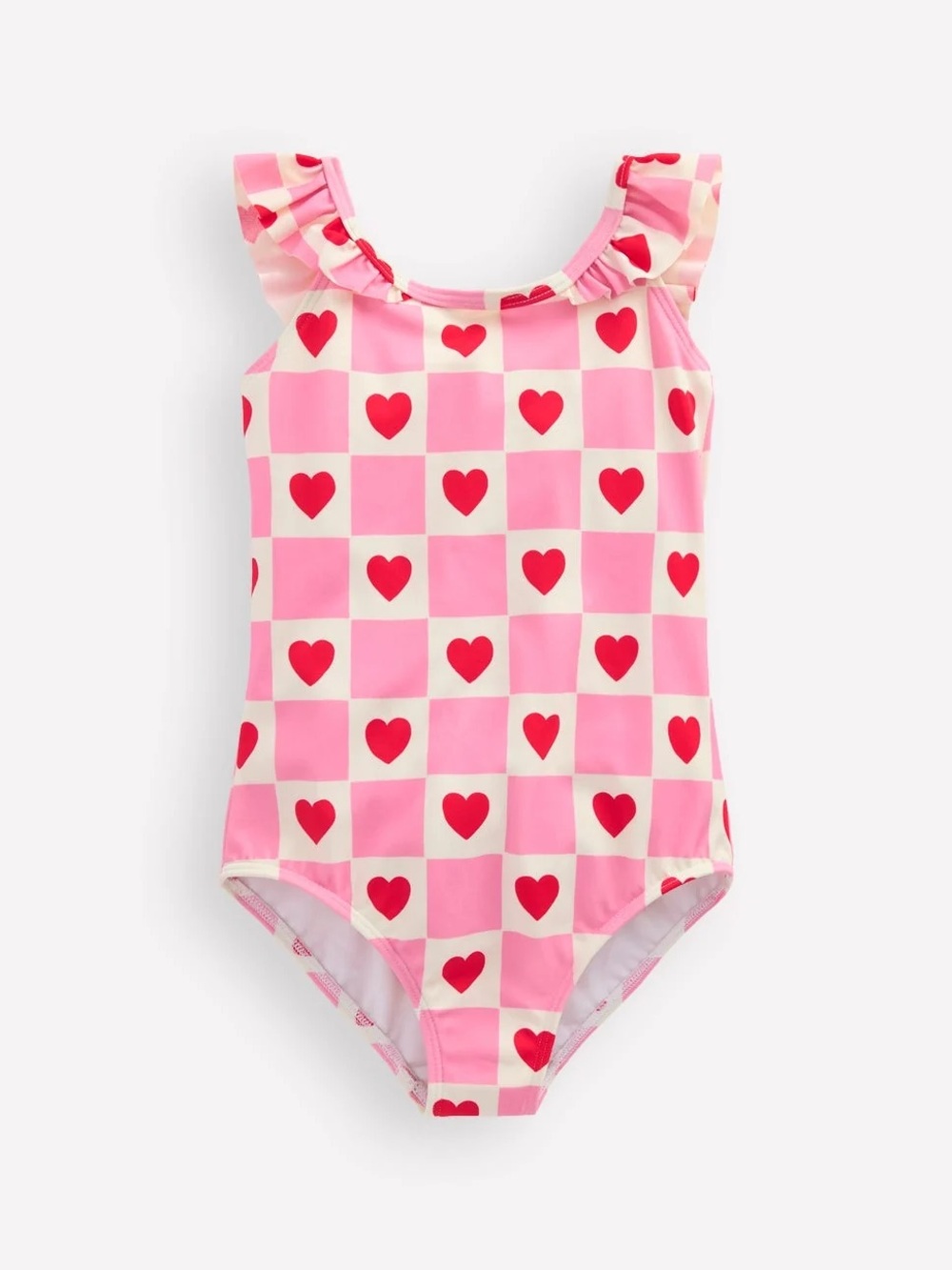 Boden Girls Hallie Frill Strap Swimsuit Bubblegum Pink Heart Stamp Size 3-4